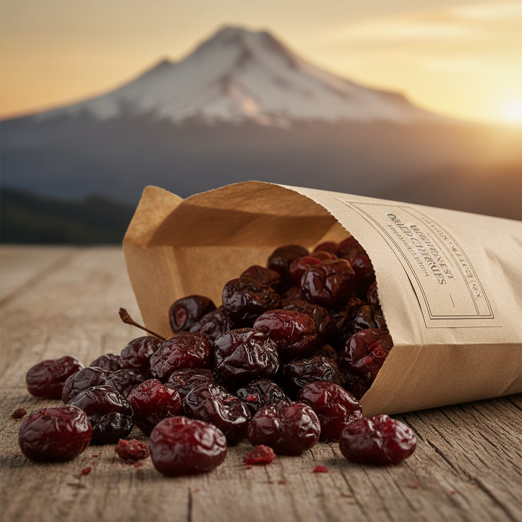 Natural dried sweet cherries from Hood River Oregon spilling from a kraft bag