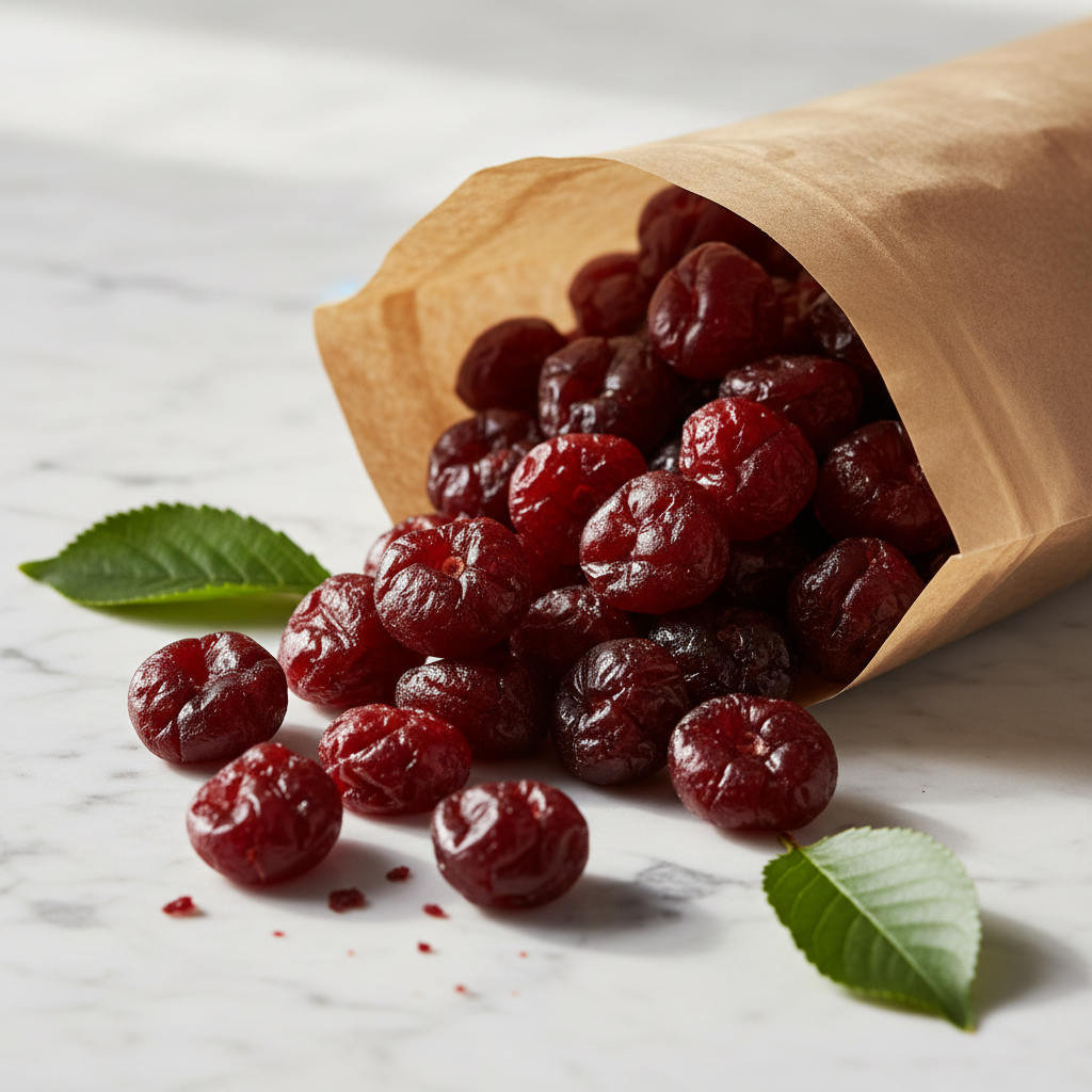 Organic dried cherries spilling from a kraft bag on white marble with green leaves